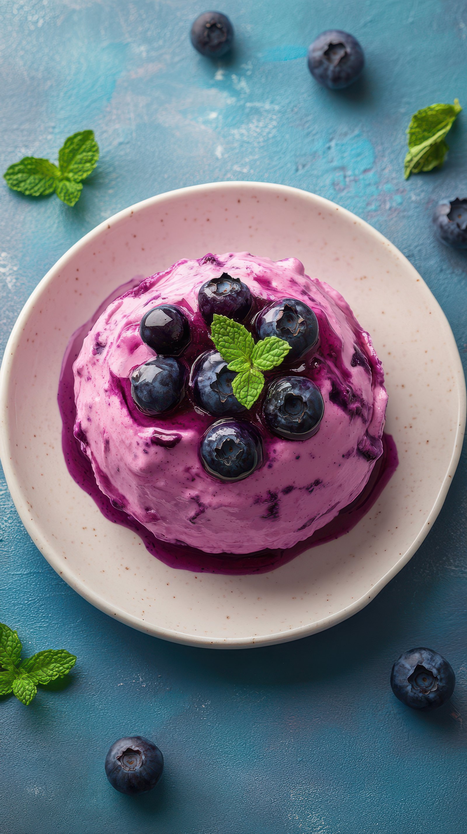 Delightful blueberry ice cream served with fresh mint on a vibrant blue background during summer
